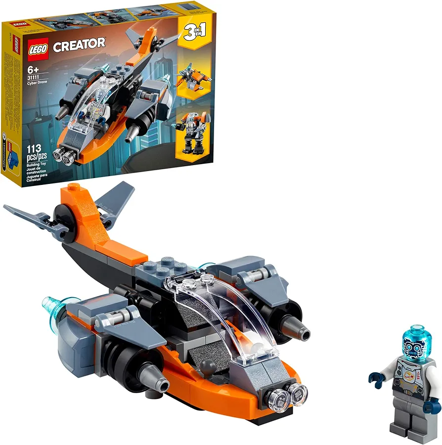 LEGO Creator 3 in 1 Cyber Drone Space Toys, Transforms from Drone to Cyber Mech or Cyber Scooter, Space Toy Building Set, Gift for 6 Plus Year Old Kids, Boys, and Girls, 31111