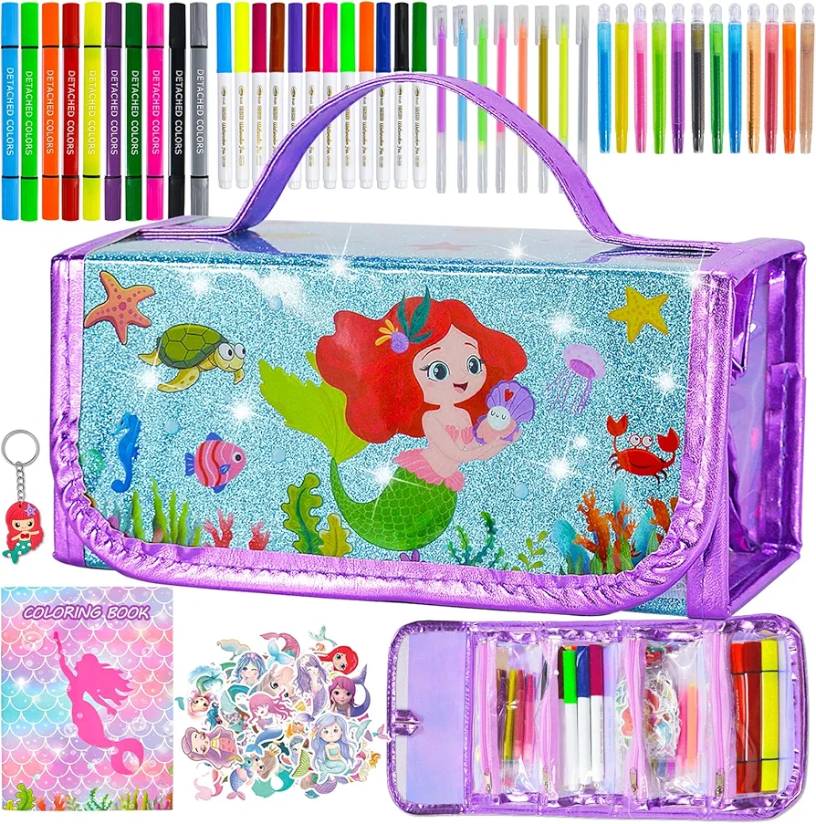 YGSEPCC Washable Markers Set for Kids 95 Pcs with Mermaid Pencil Case, Art and Crafts for Kids Ages 4-6-8-12, Birthday Gifts for Girls 4 5 6 7 8 9 Years Old, Arts Supplies Kid Coloring Set