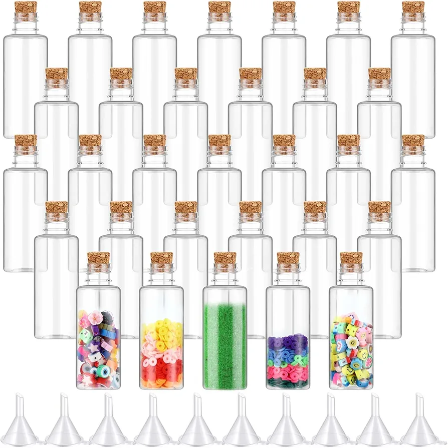 Norme 50 Pcs 2oz Sand Art Bottles Plastic Sand Art Bottles with Stoppers Clear Art Containers for Sand Art Sand Bottles Craft Collection Bottles for Craft without Sand (Natural,Wood Stopper)