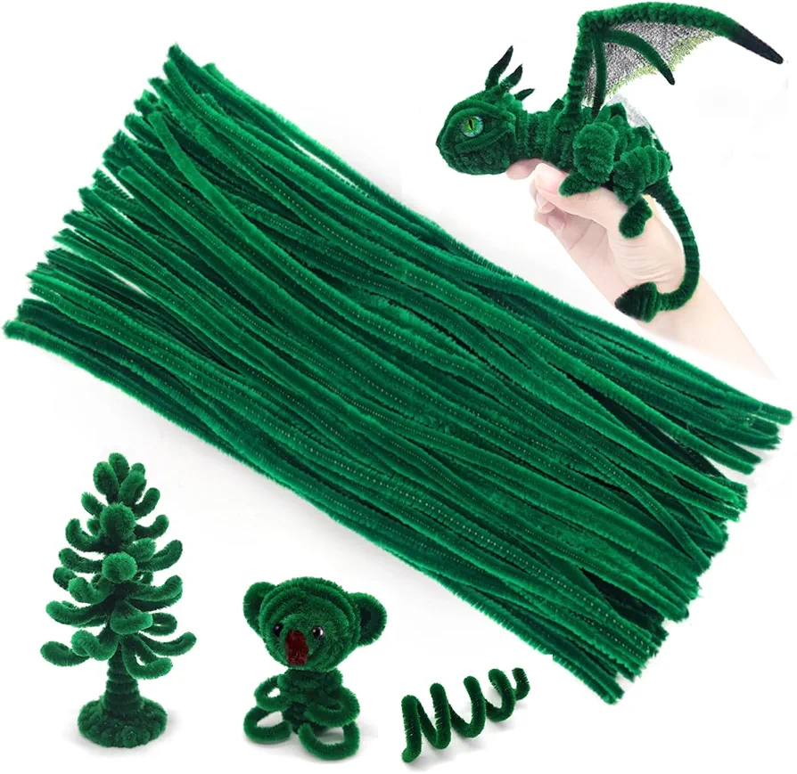 100pcs Fluffy Pipe Cleaners Chenille Stems Pipe Cleaners Craft Supplies for Making Wreaths, Christmas Decorations, Animals, Flowers, Creative Handmade DIY Art Craft Project - Green