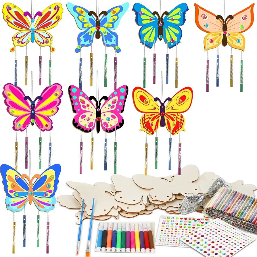 16 Pack Butterfly Wind Chime Kits Butterfly Crafts for Kids Make Your Own Butterfly Wind Chime Wooden DIY Arts and Crafts for Summer Party School Classroom Decorations Supplies Birthday Favors