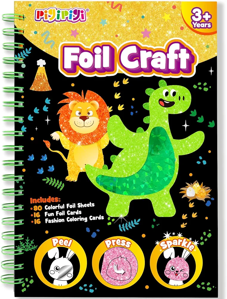 pigipigi Art Craft Activity for Kids: Fun Foil Dinosaur & Animal DIY Toy Kit, No Mess Creative Travel Supply Set, Idea Birthday Christmas Valentine Gift for Girl Boy Children 3 4 5 6 7 8 9 Year Old