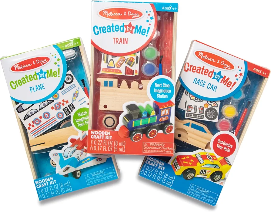 Melissa & Doug Decorate-Your-Own Wooden Craft Kits Set - Plane, Train, and Race Car