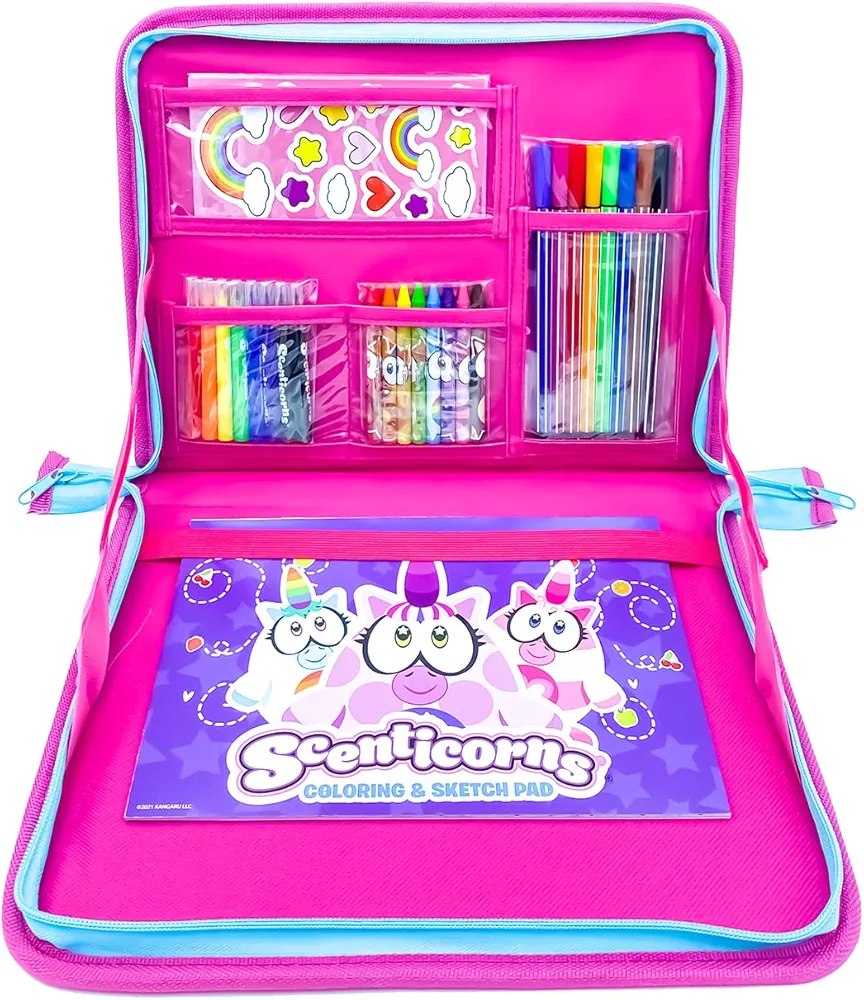 Kids Drawing Kit, Scenticorns Travel Activity Set, Children's Lap Desk to go Coloring Kit - Scented Markers, Crayons, Stickers, Sketch Pad - Travel Art Kit for Kids Girls Ages 3 4 5 6 7 8 9 10 11 12