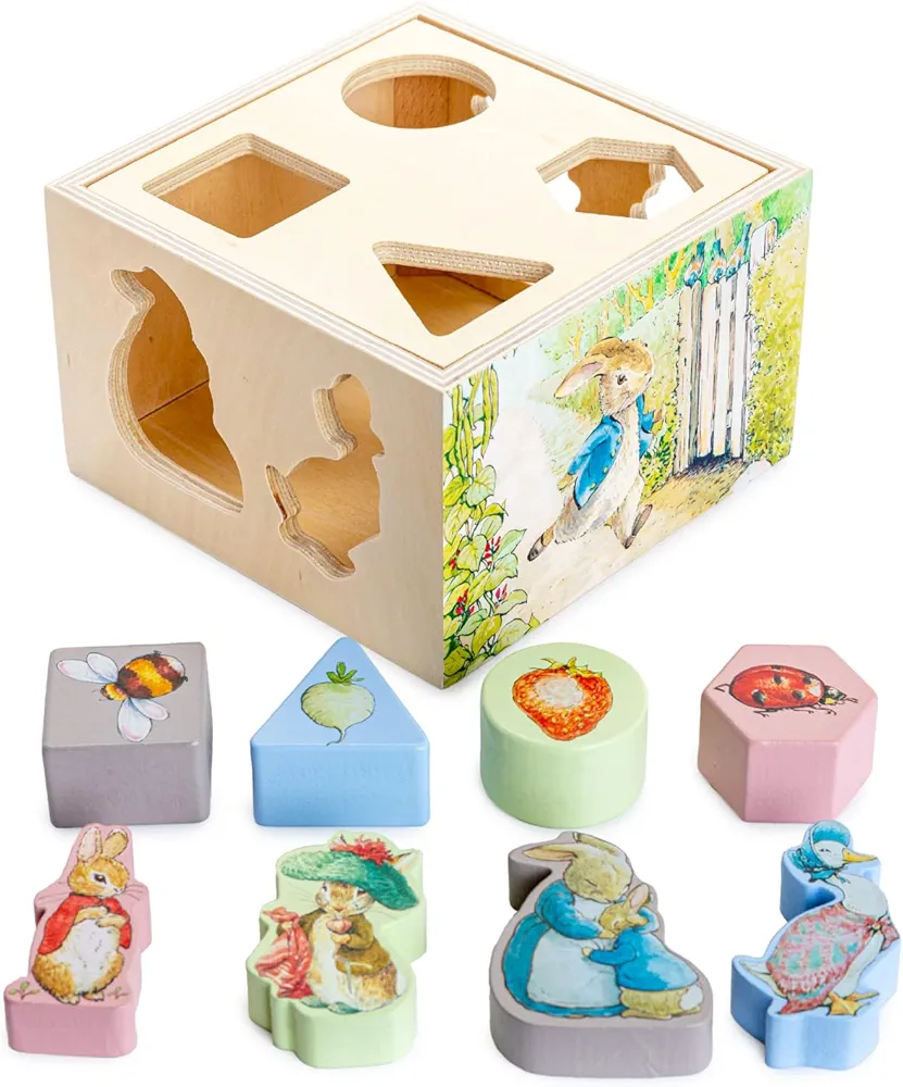 KIDS PREFERRED Beatrix Potter Peter Rabbit Wooden Shape Sorter for Toddlers, Includes 8 Pieces, Multicolor