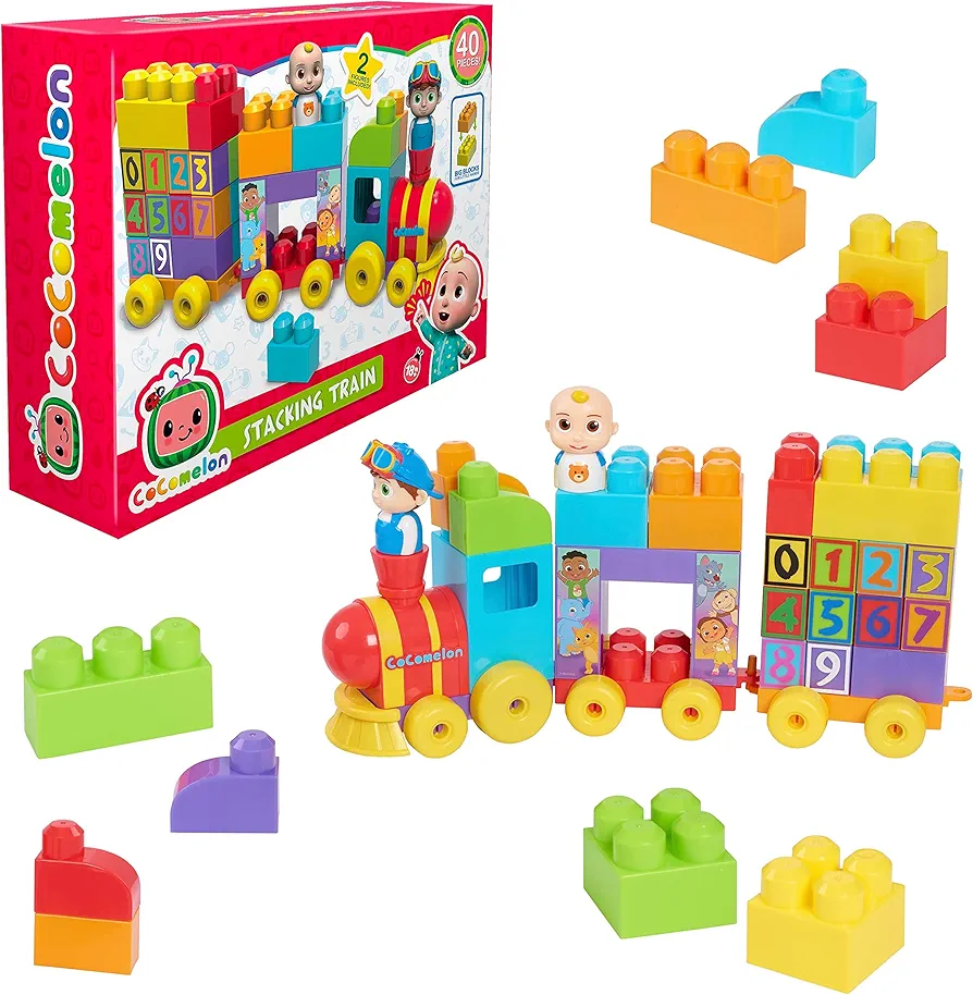 CoComelon Stacking Train, 40 Piece Large Building Block Set, 2 Figures, Colors, Numbers, Officially Licensed Kids Toys for Ages 18 Month by Just Play