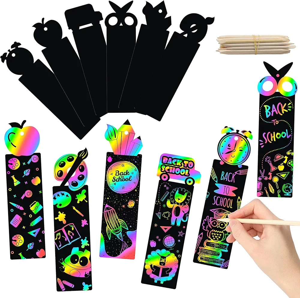 WATINC 60Pcs Welcome Back to School Scratch Bookmark, Magic Art Color DIY Craft Kit for Kids First Day of School Birthday Party Favor, Classroom Decoration, School Supplies Game for Boys Girls