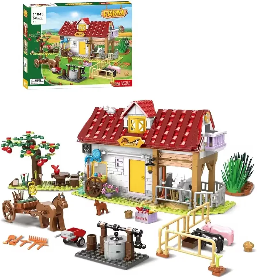 Farm House Building Set, 649Pcs Farmhouse Animal Kits with Carriage Farm Tools, Farm Building Set with Educational Toys for Kids, Boys, Girls Ages 6 7 8 9 10+