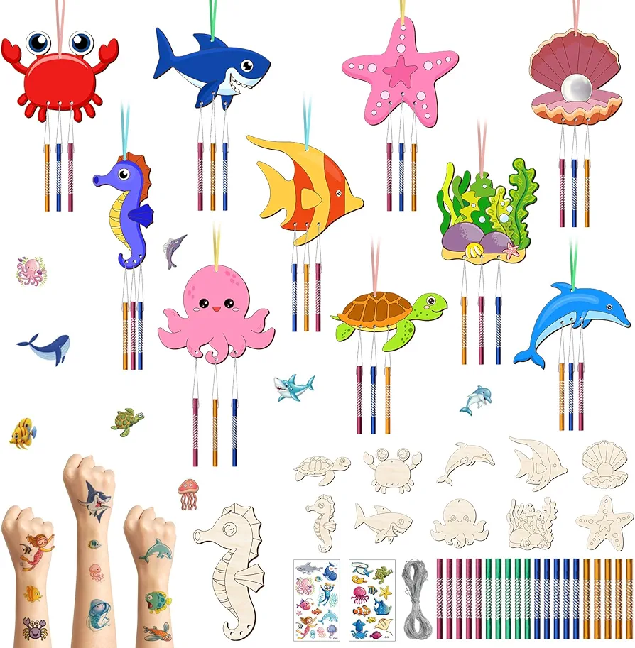 10Pack Wind Chime Kit for Kids, Make Your Own Sea Animals Wooden Wind Chime DIY Coloring Summer Wood Art and Craft Ornaments for Boys Girls Party School Classroom Decorations Supplies Birthday Favors