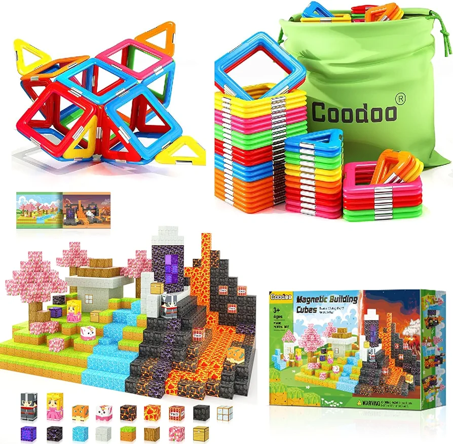 Coodoo 114 PCS Upgraded Magnetic Blocks Tough Tiles STEM Toys for 3+ Year Old Boys and Girls Learning by Playing Games for Toddlers Kids, Compatible with Major Brands Building Blocks - Starter Set