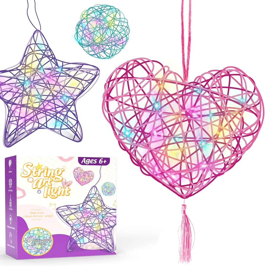 ESOXOFFORE 3D String Art Kit for Kids,Christmas Birthday Gifts for 8 9 10 11 12 Year Old Girls Boys,Arts and Crafts for Girls Ages 8-12 Heart Star Round Lantern Toys 20 Multi-Colored LED Bulbs