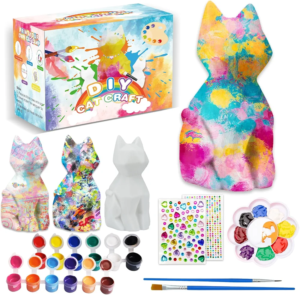 Paint Your Own Cat Lamp Art Kits Painting Arts and Crafts Projects and Supplies Cool Cat Craft Set Toys DIY Art Night Light Bedroom Decor for Kids Birthday Gifts for Teen Girls and Boys Ages 4-12