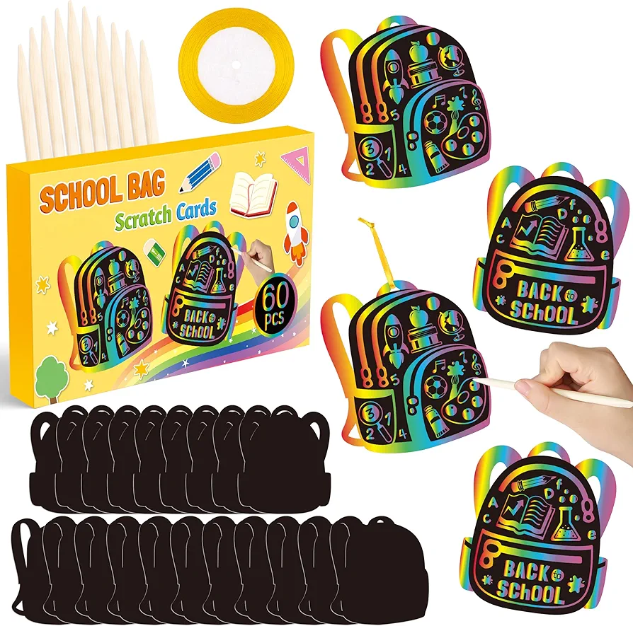 School Bag Scratch Cards Gift - Back to School Magic Bag Scratch Paper Art Kit for Kids, DIY First Day of School Scratch Off Hanging Card Party Favors for Classroom Activity Art Project