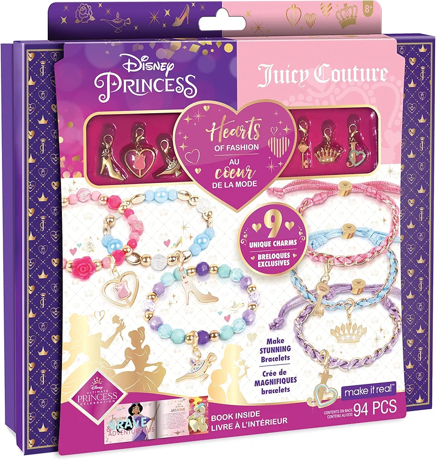 Make It Real - Disney Princess X Juicy Couture Hearts of Fashion - DIY Charm Bracelet Making Kit w/Disney & Juicy Couture Charms - Arts & Crafts Bead Kit for Girls & Teens - 6 Bracelets - Ages 8+