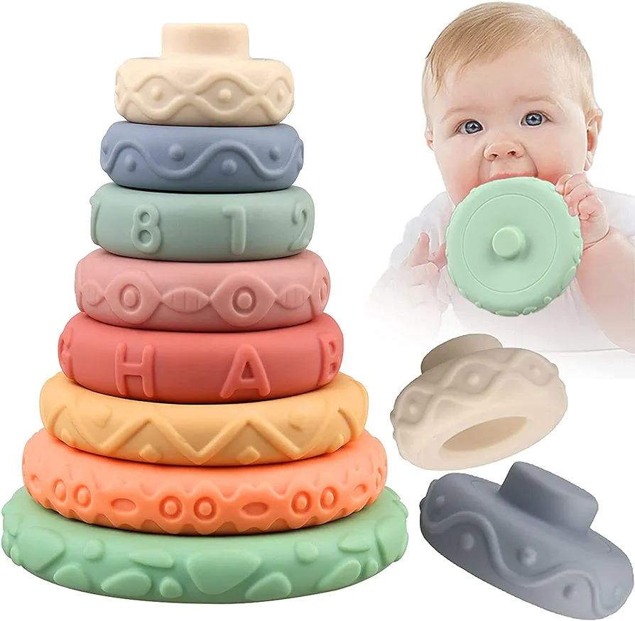 8 Pcs Stacking Rings Soft Toys for Babies 6 Months and up Old Girls Boys - Toddlers Sensory Educational Montessori Baby Blocks - Developmental Teething Learning Stacker