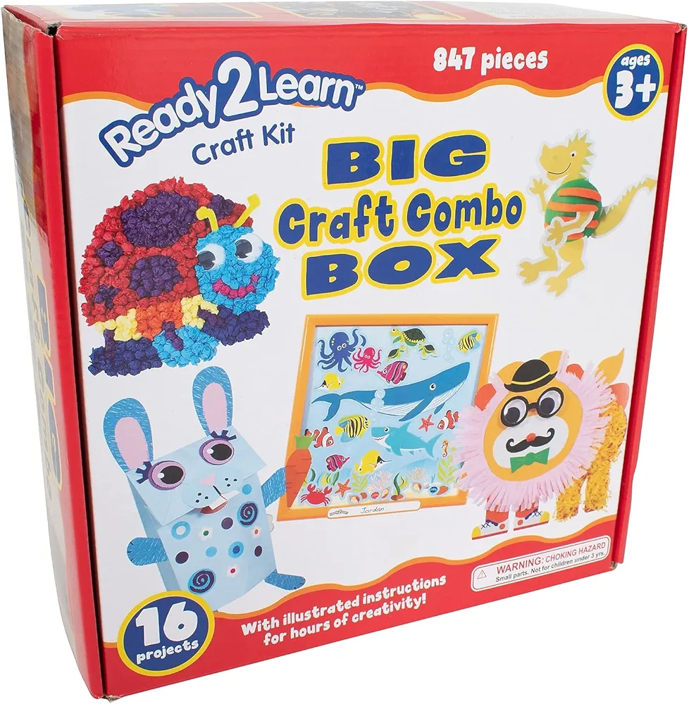 READY 2 LEARN Big Craft Combo Box - 800+ Pieces - 16 Projects for Kids Ages 4-8 - All in One Craft Kit - Paper Bag Puppets, Dough Creations and More!