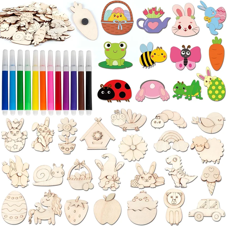 36 Wooden Magnet Painting Craft Kit DIY Kids Wooden Magnets Arts Crafts Painting Kit for Kids DIY Creativity Art Supplies for Boys Girls Party Favor Ages 4-8 8-12 Birthday Summer Easter Crafts Gifts