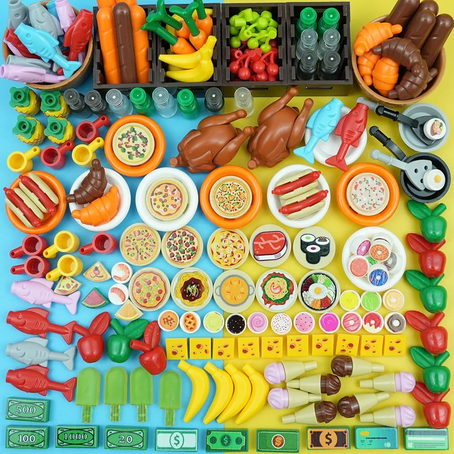 220pcs City Food Accessories Building Block, Friends-People Picnic Toys, Kitchen Restaurant Comida DIY Pieces, Fruit-Pizza-Cheese-Ice Cream-Turkey Parts, Money Bricks for Extra Set