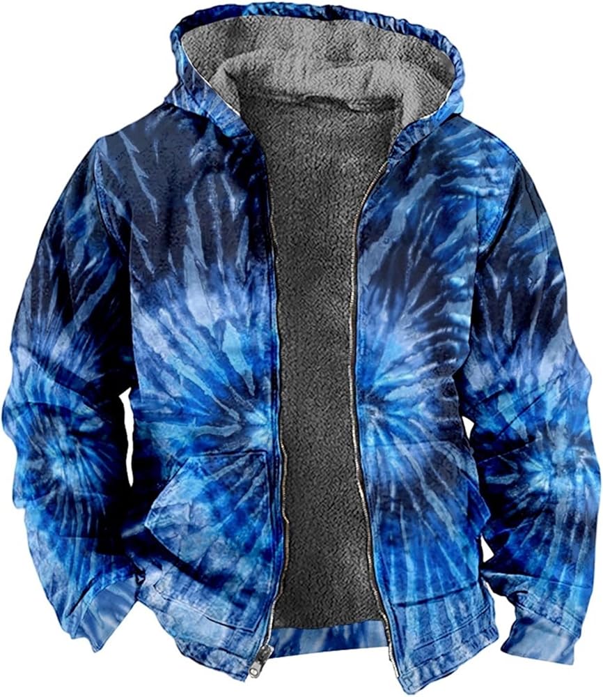 Fleece Hoodies For Men Tie Dye Fashion Coat Zip Up Casual Jacket Long Sleeve Comfort Outwear Hooded Sweatshirts With Pocket Mens Sweatshirt (Blue,XXXXL)