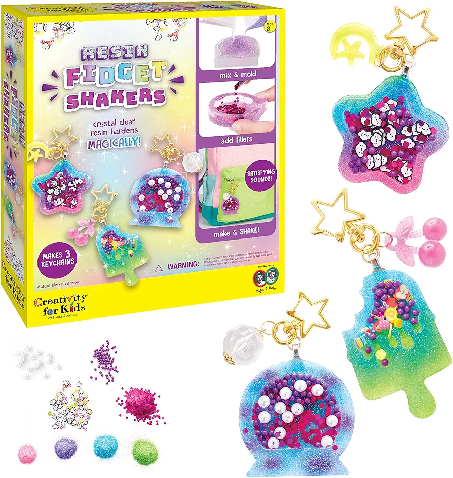 Creativity for Kids Resin Fidget Shakers - Create 3 Sensory Keychains, DIY Crafts for Kids Age 8-10+, Neon, 3" x 3"