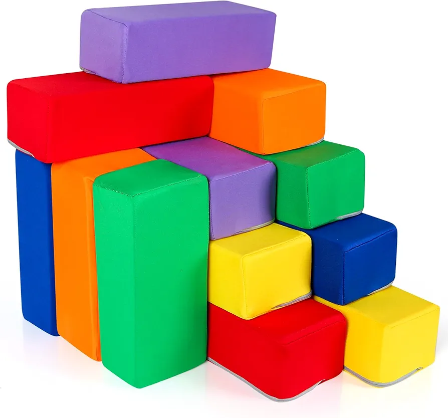 Toddler Foam Buliding Blocks - 12 Piece Fabric Covered 9x4x3inch Stacking Block Sets - Colourful Soft Play Set for Kids Idea for Building and Throwing Fun