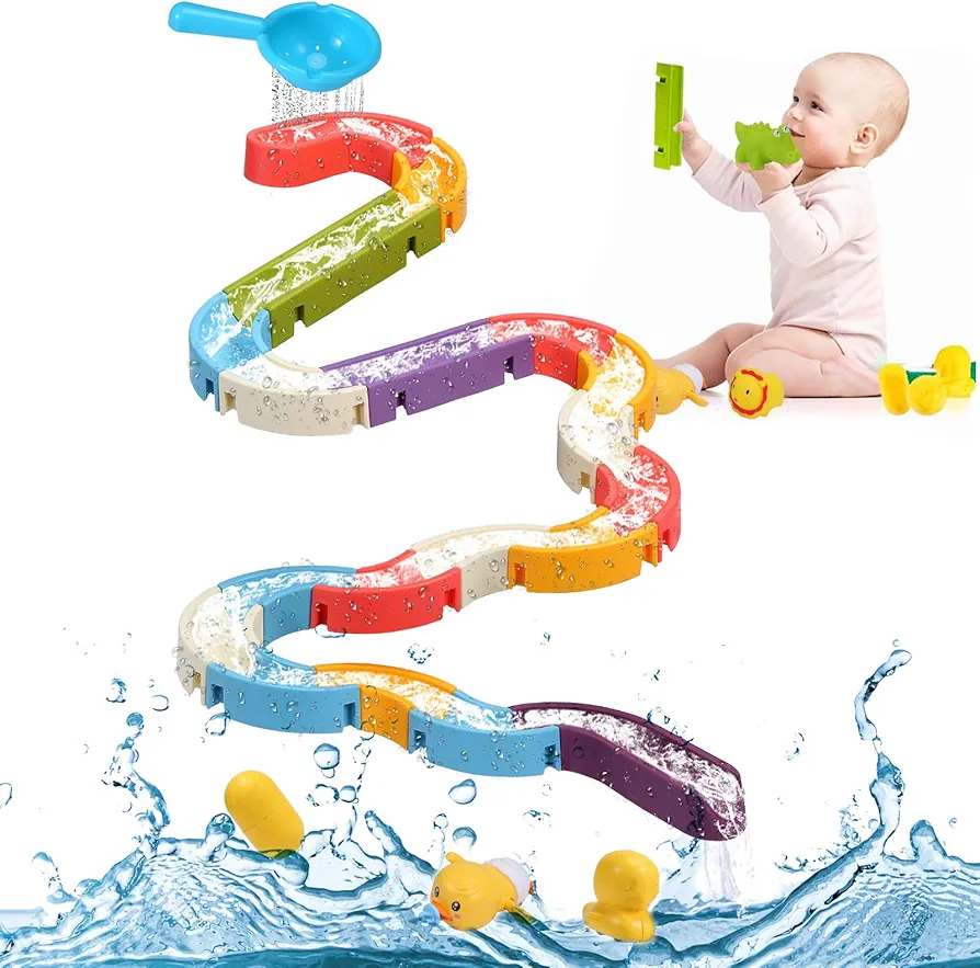 42 pcs Baby Bath Toy for Kids Ages 4-8 Toddlers, Wall Bathtub Toys Ball Track Shower Water Slide Take Apart Game, Baby Bath Toys with Wind-Up Duck, Birthday Gift for Children