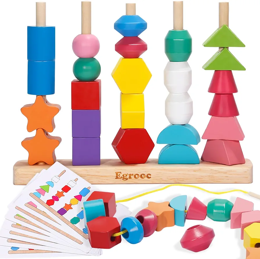 Montessori Bead Sequencing Toy Set，Lacing Beads and Wooden Stacking Blocks,Toddlers Preschool Learning Educational Fine Motor Skills Toys,Montessori Threading Toys for 2 3 4 5 Year Old