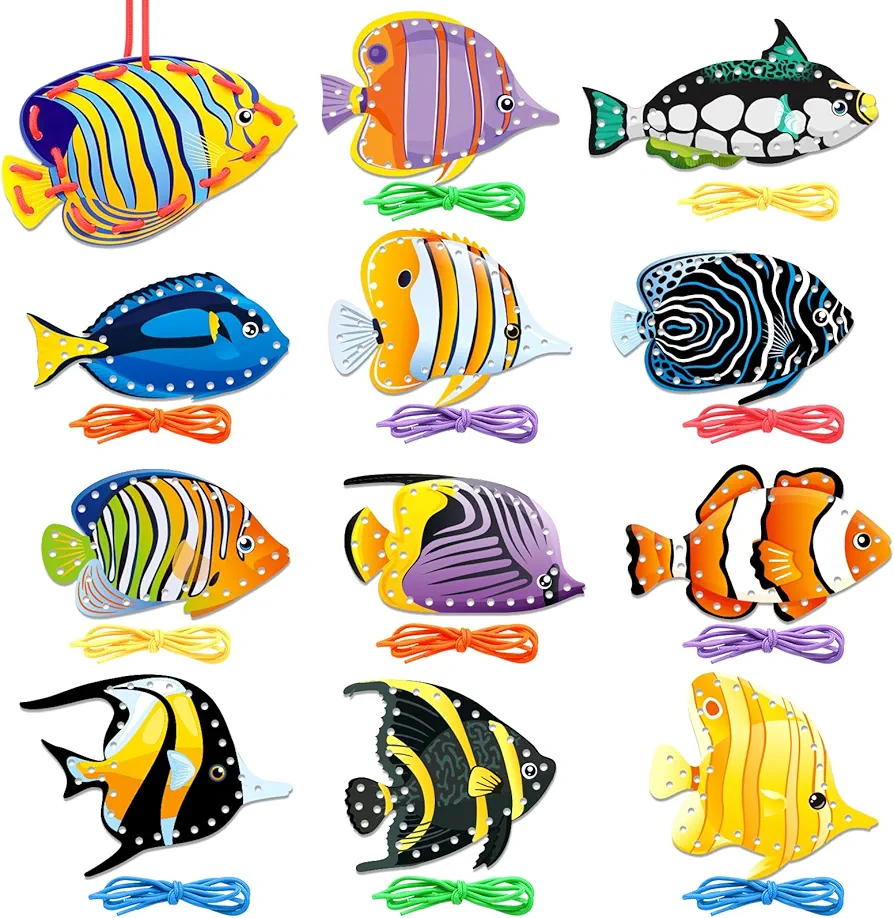 Tropical Fish Lacing Cards 12 Pack Ocean Fish Sea Animals Double Sided Cards Sewing Games Ocean Theme Party Decorations for Preschool Home Developing Imagination Education Supplies