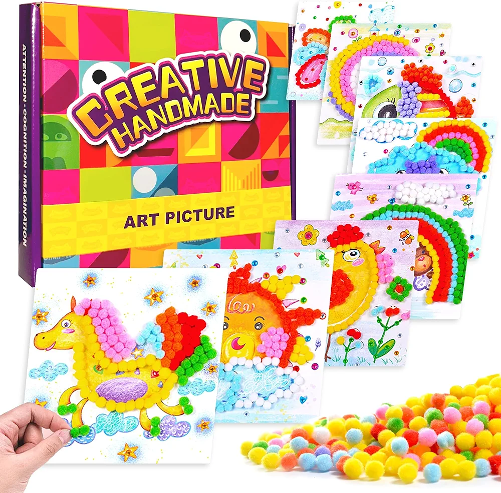 PHOGARY Pom Pom Art, DIY Paper Craft Kit for Kids Small Pom Pom Pictures, Sticker Flower Animals Rainbow Pom Poms Painting Arts & Crafts Supplies, Colored Pompoms Family Activities Craft, 8