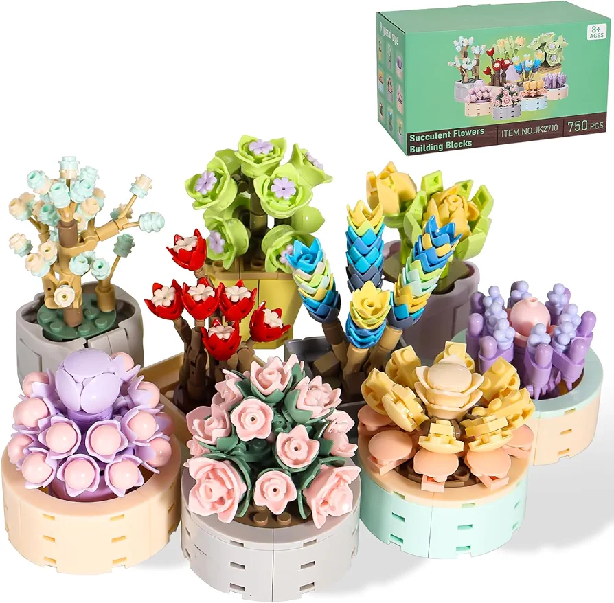 Succulent Flowers Building Set, Botanical Building Blocks, Plants Office Home Decor Bonsai, Creative Toys Building Project for Adults,Boys Girls Birthday Gifts (750 Pieces)