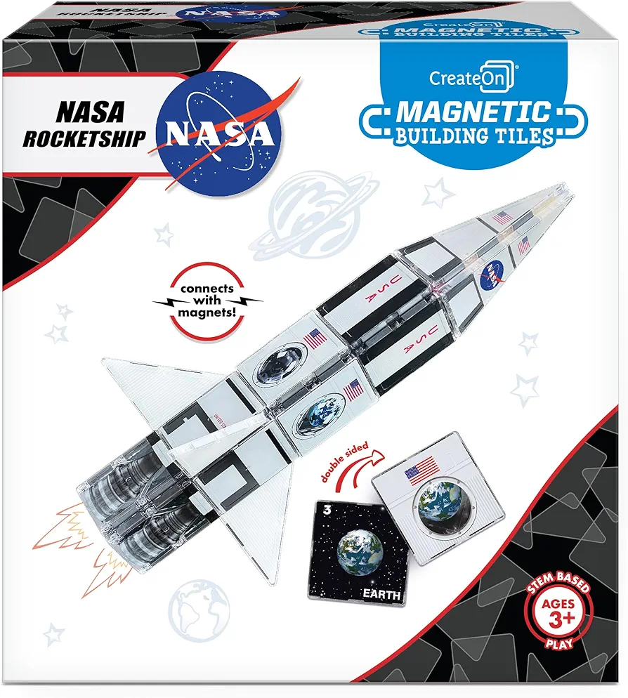 CreateOn NASA Rocketship Magnetic Tile Set, Building Set for Kids, Magnetic Building Toys for Kids, STEM Toys for Boys and Girls Ages 3 and Up, 18-Piece Set