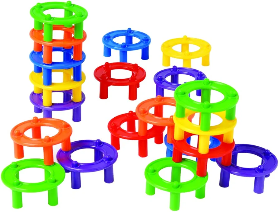 Constructive Playthings Ring Builders Stacking Toys for Kids, Classroom Must Haves for Teaching Color Recognition, Matching, Alternative to Classic Building Blocks, 96 Pc Constructive Gears, 3 Years