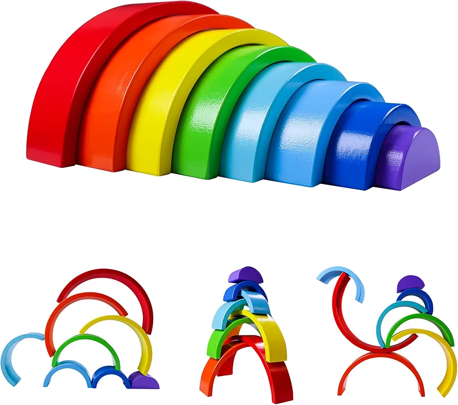 Wooden Rainbow Stacking Toy 8 Layers Building Blocks Montessori Nesting Puzzle Rainbow Stacker Stacking Sensory Toys Tunnel Stacking Game for Preschoolers Kids Baby Toddlers Education Rainbow Decor