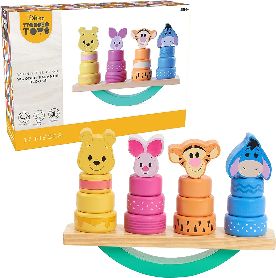 Just Play Disney Wooden Toys Winnie the Pooh Balance Blocks, 17-Piece Set, Officially Licensed Kids Toys for Ages 18 Month