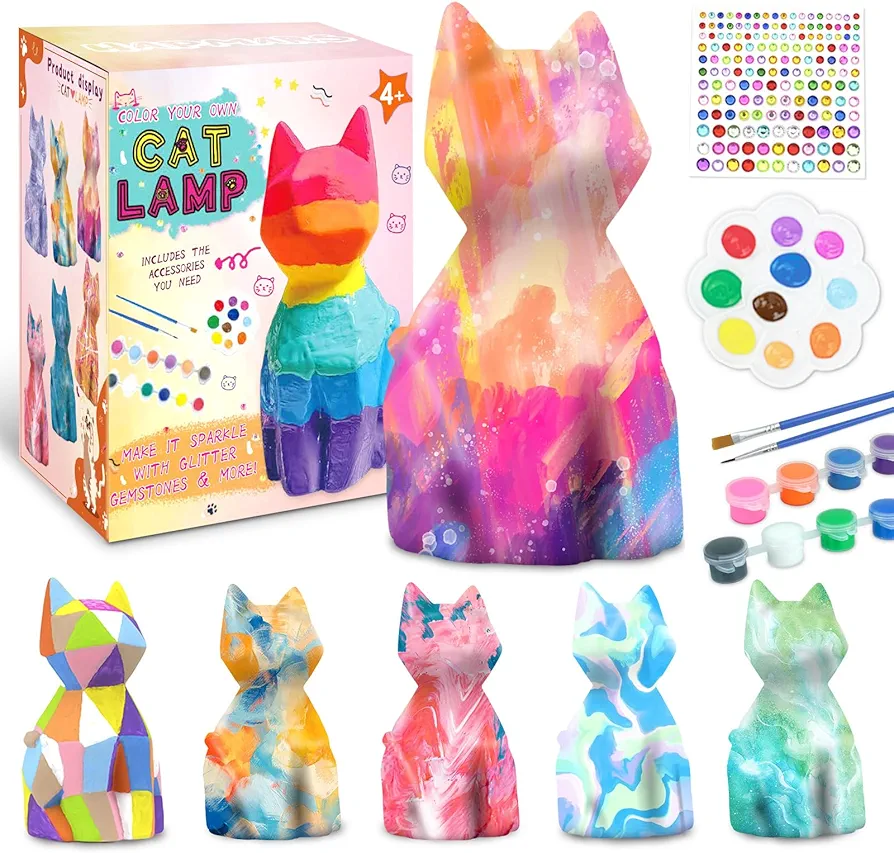 HAPMARS Paint Your Own Cat Lamp Kit 2pcs, DIY Geometric Cat Art Craft Painting Kits for Girls Boys Kid Age 4 5 6 7 8 9 10 11 12+, Art Supplies Creative Gifts for Easter, Birthday, Christmas, Party