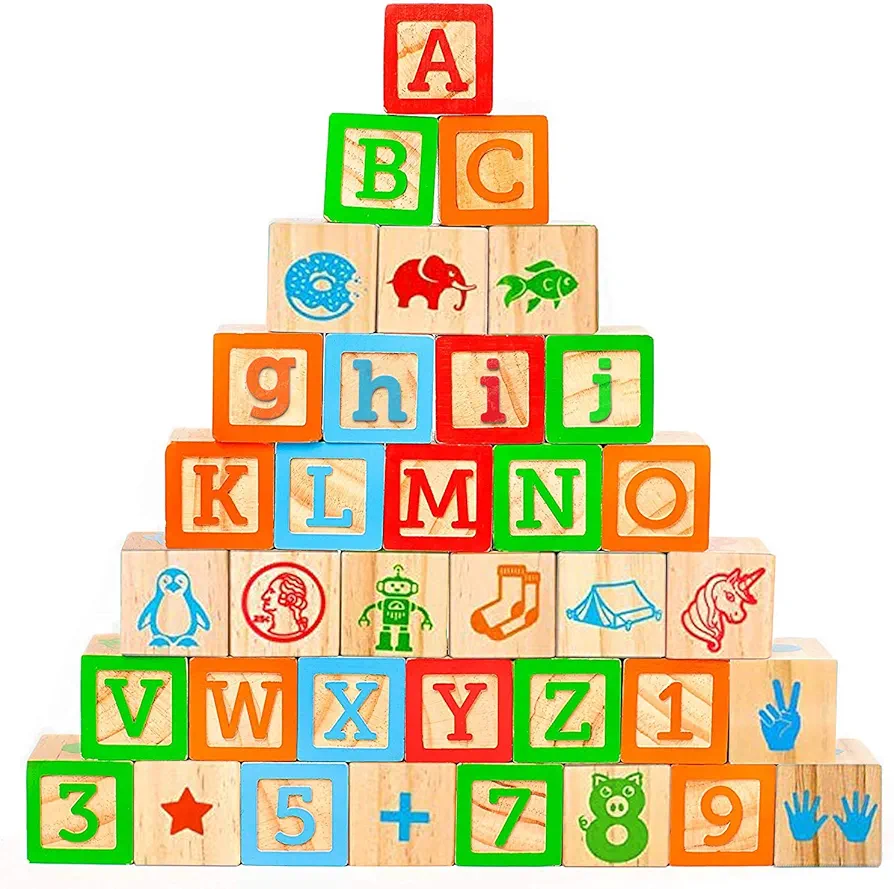 Wooden Blocks, 36 Large Stacking and Building Blocks for Toddlers 1-3 Years Old, Colorful Alphabet & Number Icons on Every Side, Educational Toddler Toys