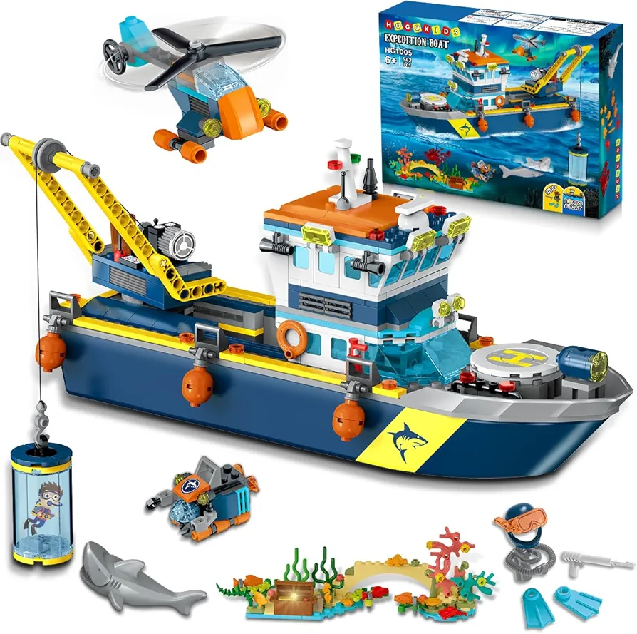 HOGOKIDS City Floatable Boat Building Set with LED Light - Fun Arctic Explorer Ship Building Block Kit Ocean Exploration with Helicopter, Sub, Shark Cage Birthday Gift for 6+ Years Old Boys Girls Kids