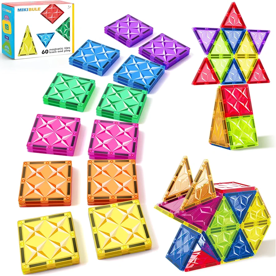 Magnetic Building Tiles Set for Kids, 60 PCS Magnetic Blocks Shapes Toys for Toddlers Age 3-4-5-8, Colorful Clear 3D Magnetic for Boys and Girls Enhance Creativity & Learning