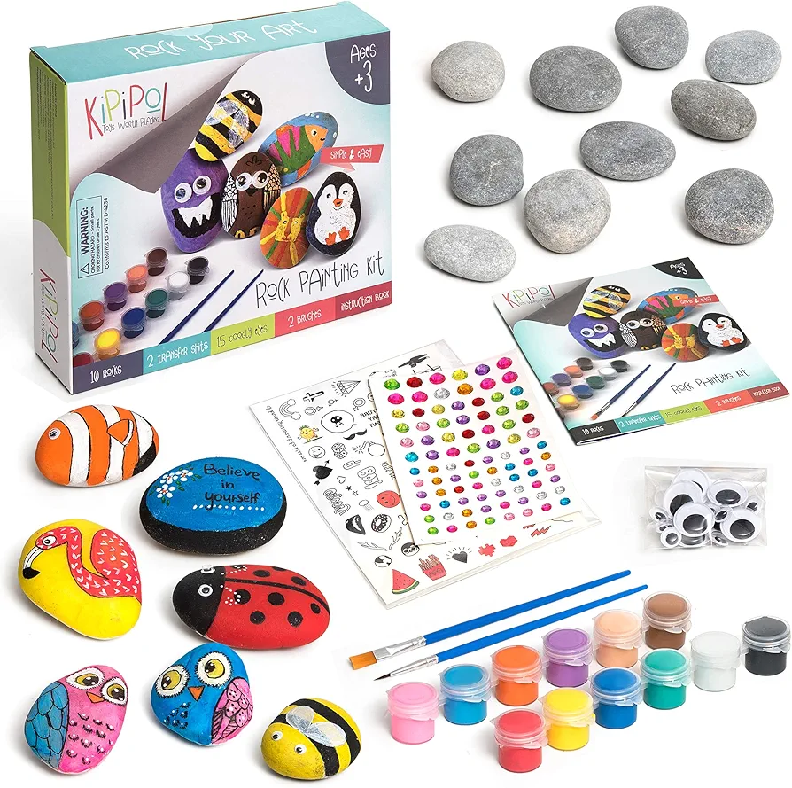 Kipipol Rock Painting Kit for Kids - DIY Arts and Crafts kit for Girls, Boys Ages 3, 4, 5, 6-12 - Kid Rock Art w/10 Rocks for painting, 12 Acrylic Paints, 2 Brushes, 15 Googly Eyes, 2 Transfer Sheets