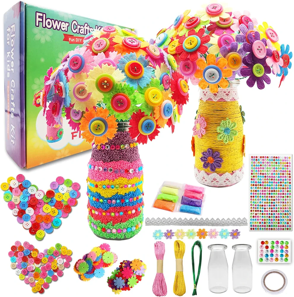 Crafts for Girls Ages 6-10 Make Your Own Flower Bouquet with Buttons and Felt Flowers, Vase Art and Craft for Children - DIY Activity Christmas Birthday Gift for Girls Age 6 7 8 9 10 Year Old