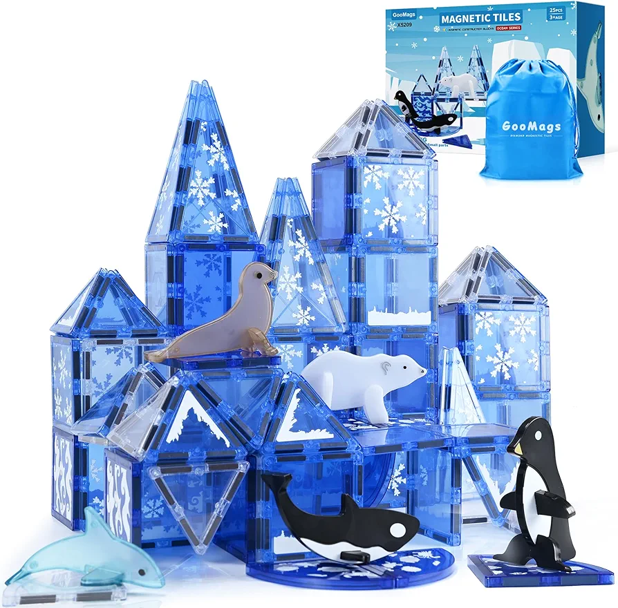 Magnetic Tiles with 5 Sea Animals Frozen Toys for Girls Ages 3-5 4-7 6-8 Magnetic Building Blocks Kids Games STEM Princess Toys Gifts for Kids