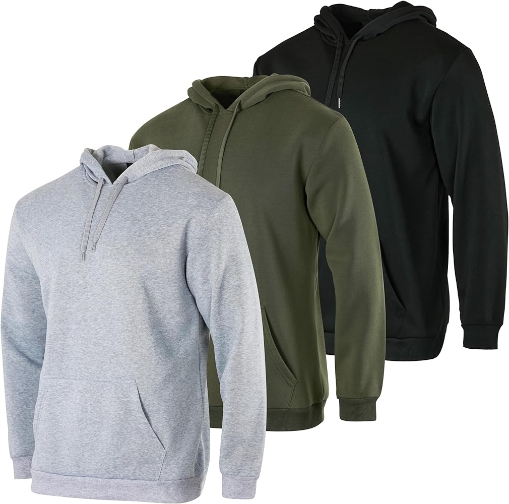 Real Essentials 3 Pack: Men's Fleece Pullover Hoodie - Long Sleeve Hooded Sweatshirt Pockets (Available in Big & Tall)