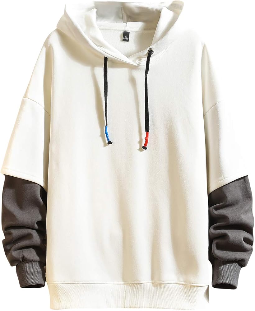 GURUNVANI Fashion Hoodies Men's Color Block Pullover O-Neck Hooded Sweatshirt Patchwork