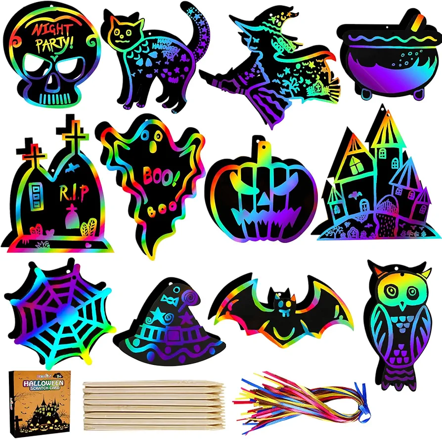 Max Fun Halloween Craft Scratch Paper Art for Kids Party Games Ornaments 96PCS Magic Rainbow Scratch Off Cards Paper Hanging Educational Toys Kit Halloween Party Supplies Birthday Gift