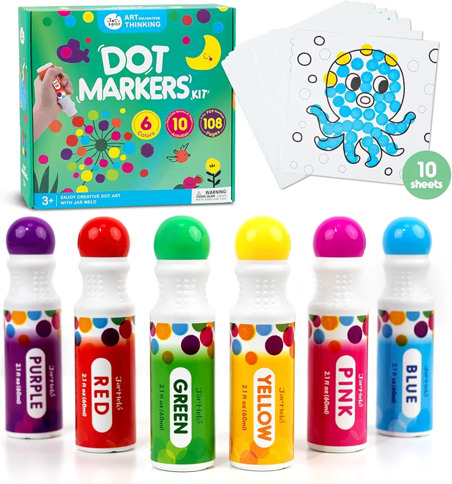 Jar Melo Washable Dot Markers, 6 Colors Dot Paints with 108 PDF & 10 Physical Activity Papers, Non-Toxic Bingo Daubers for Toddlers 2-4