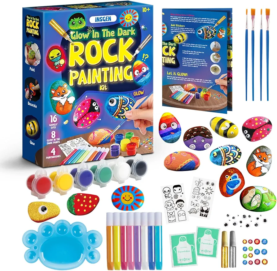 Insgen Rock Painting Kit for Kids 10+, Glow in The Dark Paints, Creative Arts and Crafts Projects Supplies Toys for Boys Girls Birthday Gift Ideas