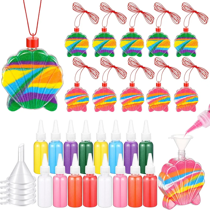 Relaxgiant 31 Pcs Sand Art Bottle Necklace Kits Include 10 Pcs Plastic Sand Art Bottles, 16 Pcs 8 Colored Art Sand, 5 Mini Plastic Funnels for Art Class Party Decoration Crafts Supplies (Shell)