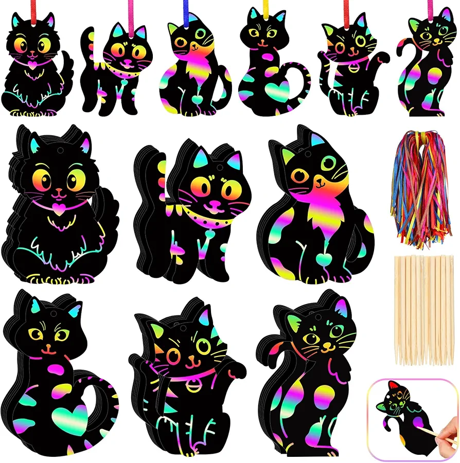 120 Pcs Cat Animal Scratch Bookmarks DIY Paper Rainbow Craft Kit Rainbow Color Bookmark Craft Colorful Pet Art Catling Party Decors for Kids Birthday Party Favor Activities Rewards Supplies