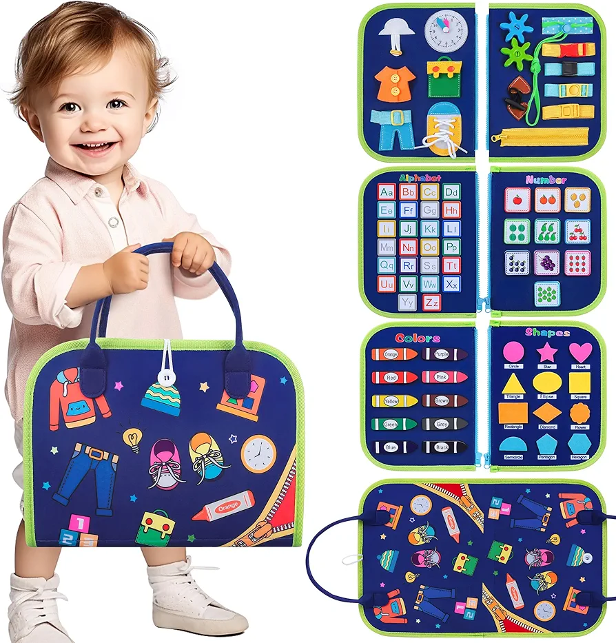 CUKU Busy Board Montessori Toy - Toddler Busy Board for 1 2 3 4 Year Old,Montessori Toys Busy Book Fine Basic Dress Motor Skills - Travel Toys for Travel Car Airplane, Ideal Gift for Boys and Girls