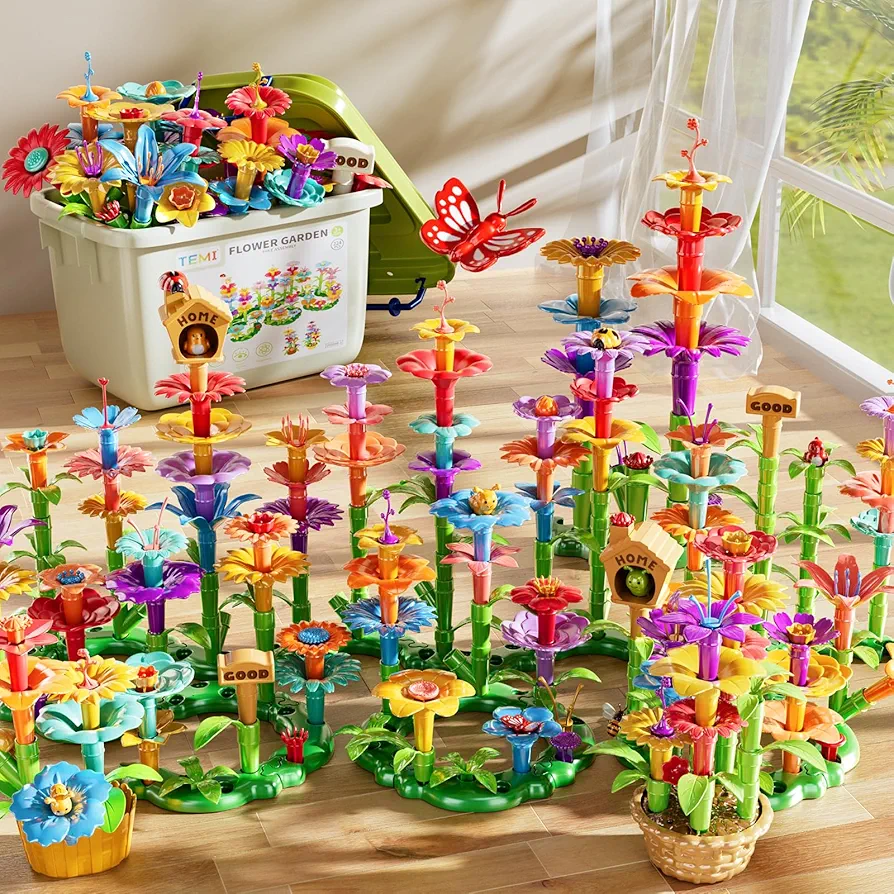 TEMI 224 PCS Flower Garden Building Toys for Girls Toys, Educational STEM Toy and Preschool Garden Play Set for Toddlers 3 4 5 6 7 Year Old Kids Boys Girls, Flower Stacking Toys for Kids Age 3-6